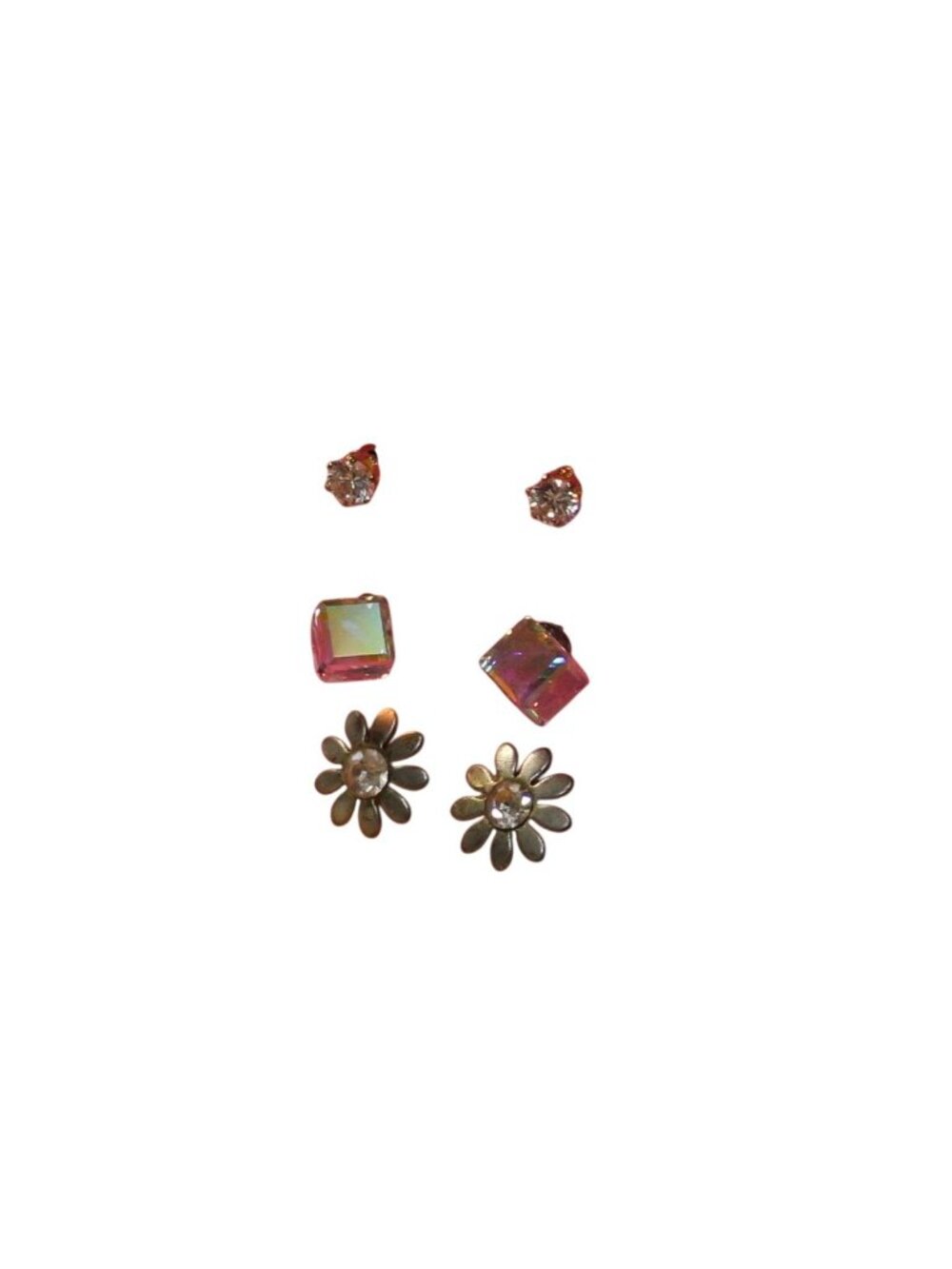 Set Of 3 Pairs Of Stud Earrings With Crystal & Floral Designs